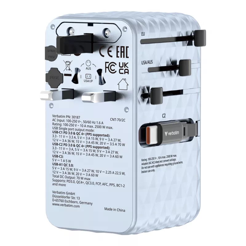 Verbatim Charge 'n' Travel 70W 2C adaptador de viagem universal retrátil azul