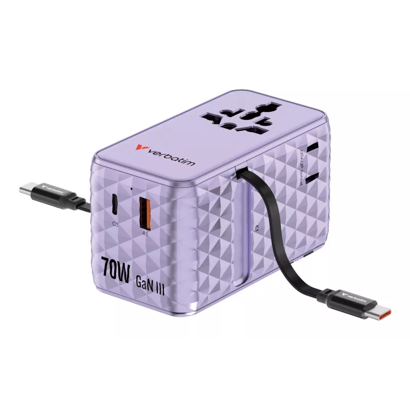 Verbatim Charge 'n' Travel 70W 2C adaptador de viagem universal retrátil roxo