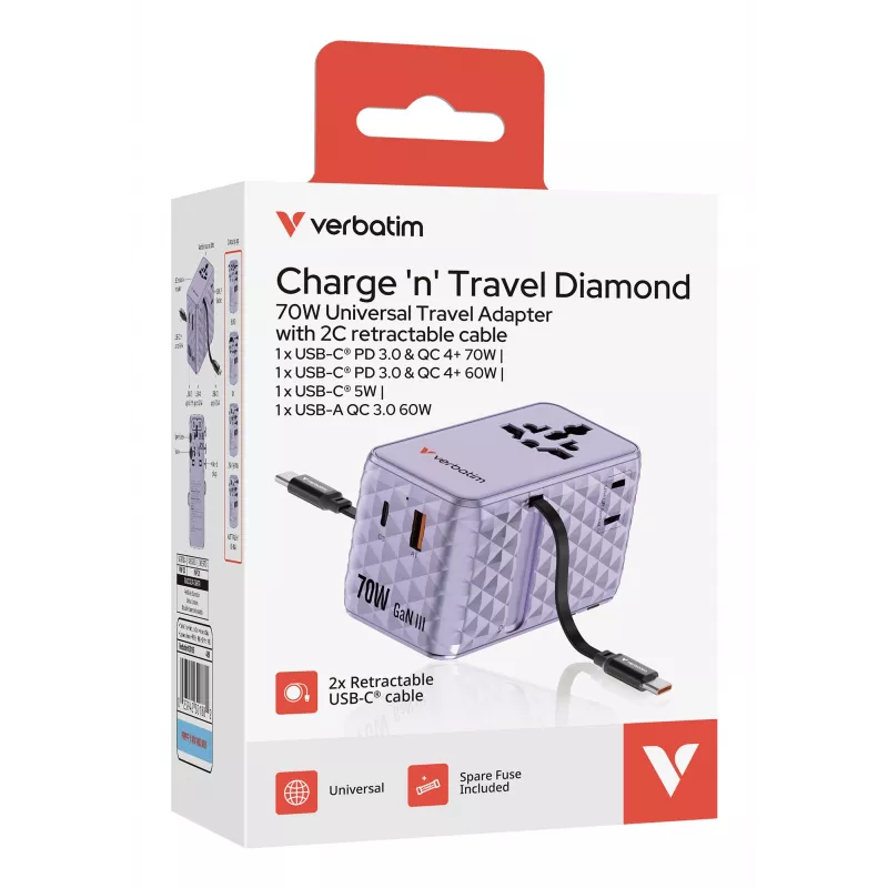 Verbatim Charge 'n' Travel 70W 2C adaptador de viagem universal retrátil roxo