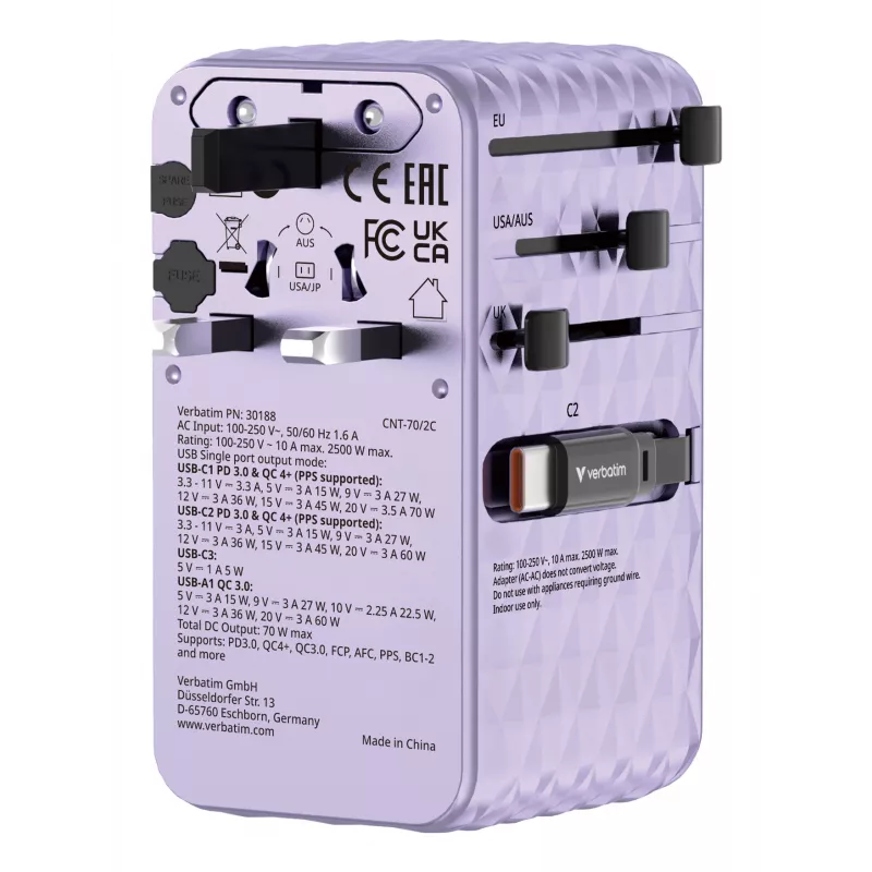 Verbatim Charge 'n' Travel 70W 2C adaptador de viagem universal retrátil roxo