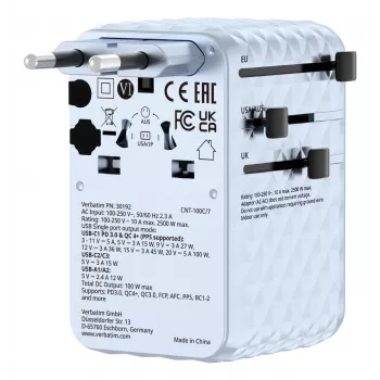Verbatim Charge 'n' Travel 100W adaptador de viagem universal com cabo retrátil azul