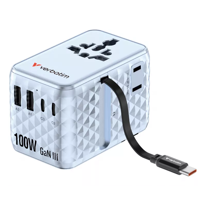 Verbatim Charge 'n' Travel 100W adaptador de viagem universal com cabo retrátil azul