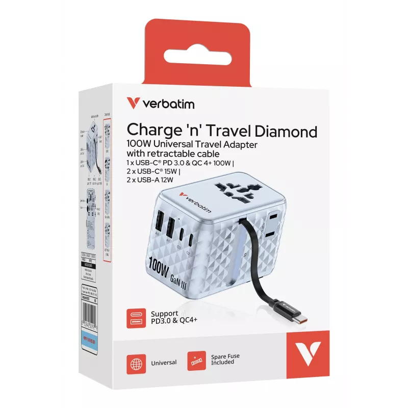 Verbatim Charge 'n' Travel 100W adaptador de viagem universal com cabo retrátil azul