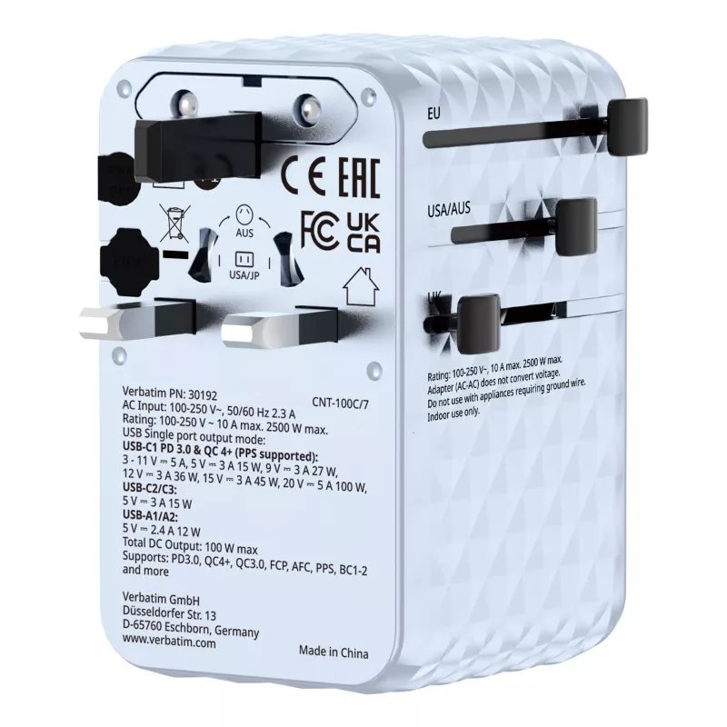 Verbatim Charge 'n' Travel 100W adaptador de viagem universal com cabo retrátil azul