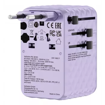 Verbatim Charge 'n' Travel 100W adaptador de viagem universal com cabo retrátil roxo