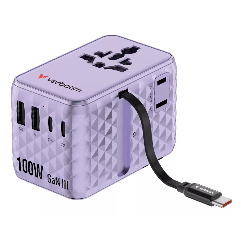 Verbatim Charge 'n' Travel 100W adaptador de viagem universal com cabo retrátil roxo