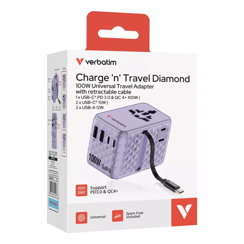 Verbatim Charge 'n' Travel 100W adaptador de viagem universal com cabo retrátil roxo