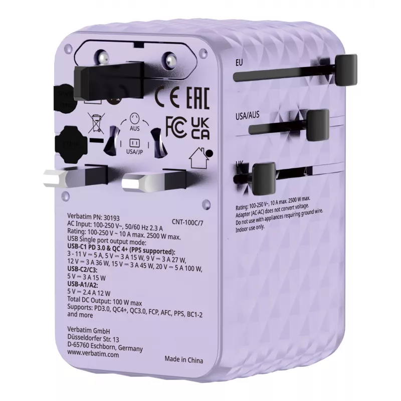 Verbatim Charge 'n' Travel 100W adaptador de viagem universal com cabo retrátil roxo