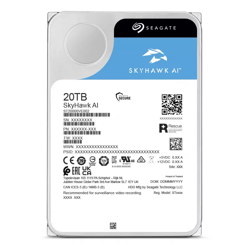 Seagate SkyHawk AI ST20000VE004 disco rígido interno 20 TB 7200 RPM 512 MB 3,5 polegadas Serial ATA III