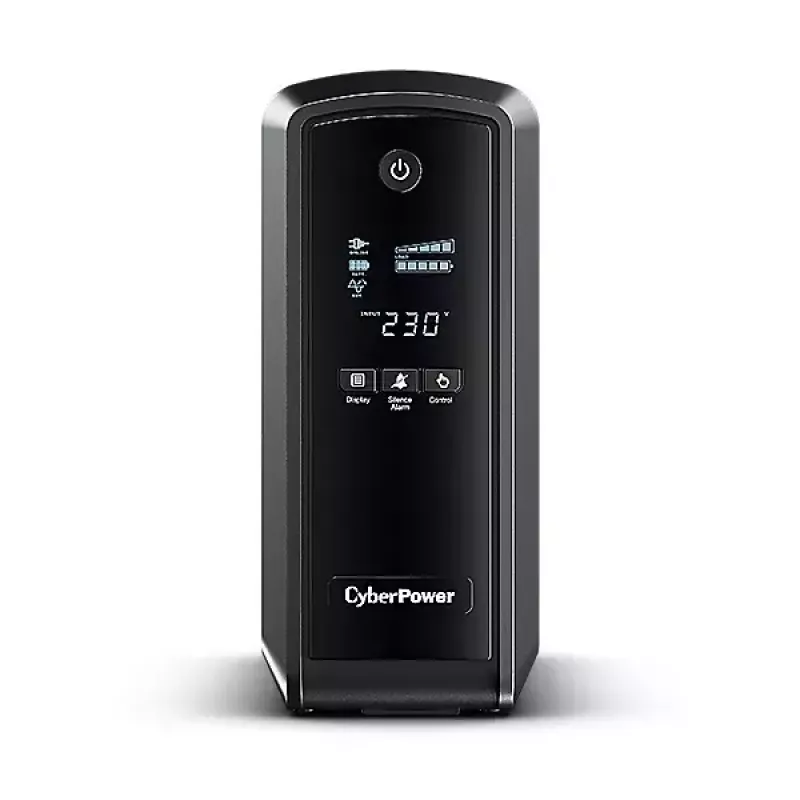 Fonte de alimentação ininterrupta CYBERPOWER CP900EPFCLCD — 0,9 kVA (540 W), 6 tomadas AC, LCD, onda sinusoidal pura, torre