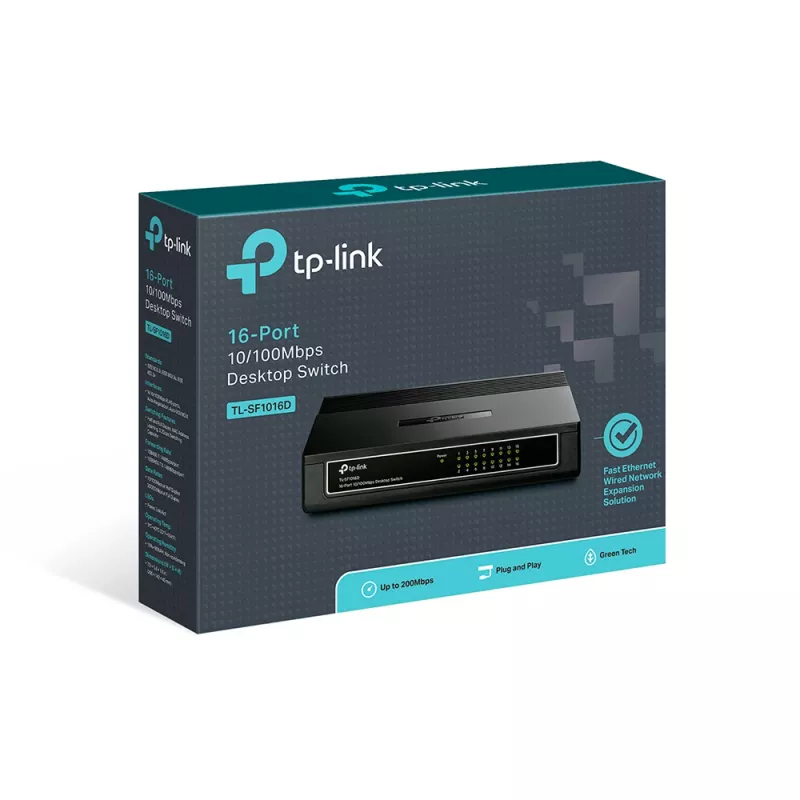 TP-Link Switch de secretária 16 portas 10/100Mbps, Não gerido, Fast Ethernet (10/100), Full Duplex, Montagem em rack, Montagem na parede