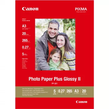 Papel fotográfico Canon PP-201 Glossy II Photo Paper Plus A3 - 20 folhas, alto brilho, 260 g/m², A3, 20 folhas, 270 µm, Canon Lucia, ChromaLife100+