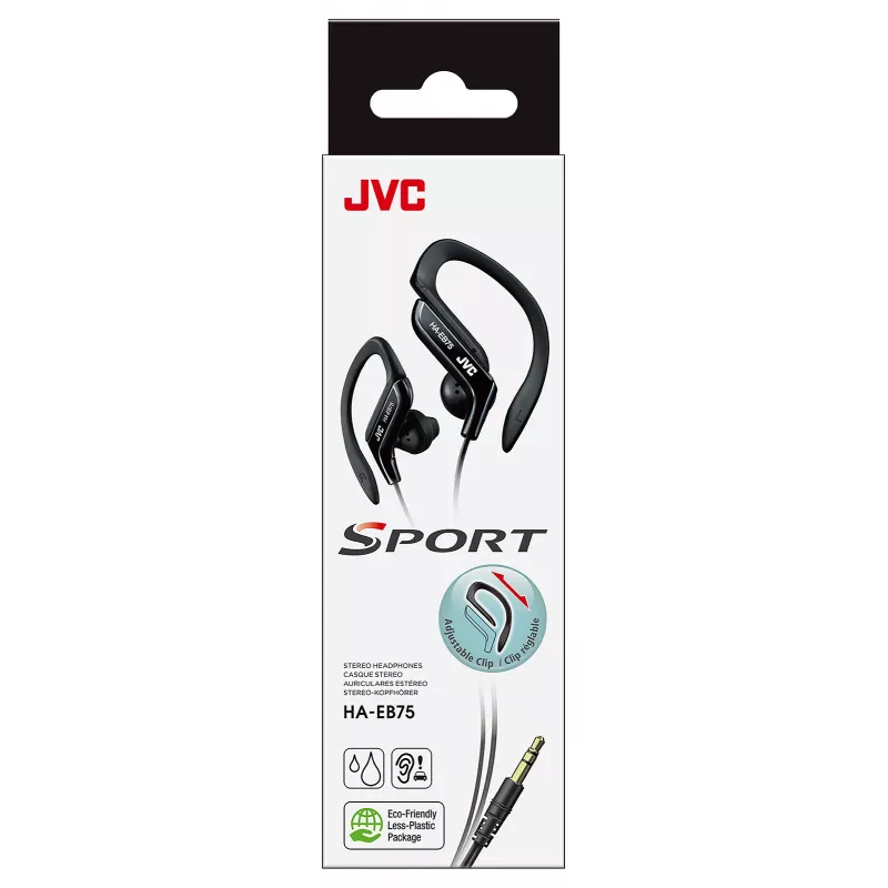 JVC HA-EB75-B-E auriculares desportivos intra-auriculares com gancho, com fio 3,5 mm, resistentes a salpicos, 16–20000 Hz, cabo de 1,2 m, pretos