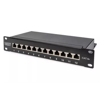 DIGITUS painel de patch CAT6A, blindado, 12 portas campo de etiquetagem, 1U, montagem em rack de 10 polegadas, preto RAL 9005