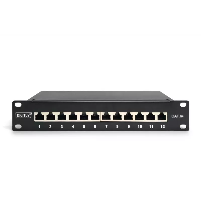 DIGITUS DN-91612S patch panel de 10 polegadas, 12 portas, Cat6 Classe E blindado, 1U, preto RAL 9005