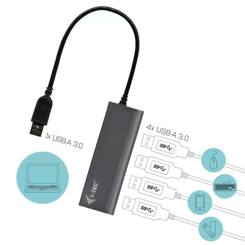 Hub USB i-tec Metal Superspeed USB 3.0 4 portas 5000 Mbit/s cinzento