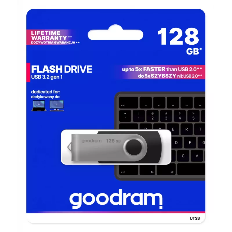 Pen USB GOODRAM UTS3 128 GB USB Type-A 3.2 Gen 1, preto, 60 MB/s leitura, 20 MB/s escrita