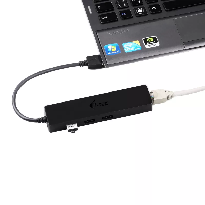 Hub USB 3.0 fino i-tec Advance 3 portas adaptador Gigabit Ethernet preto