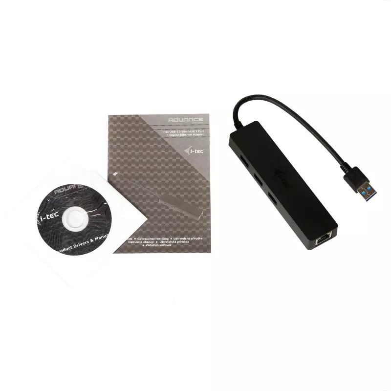 Hub USB 3.0 fino i-tec Advance 3 portas adaptador Gigabit Ethernet preto