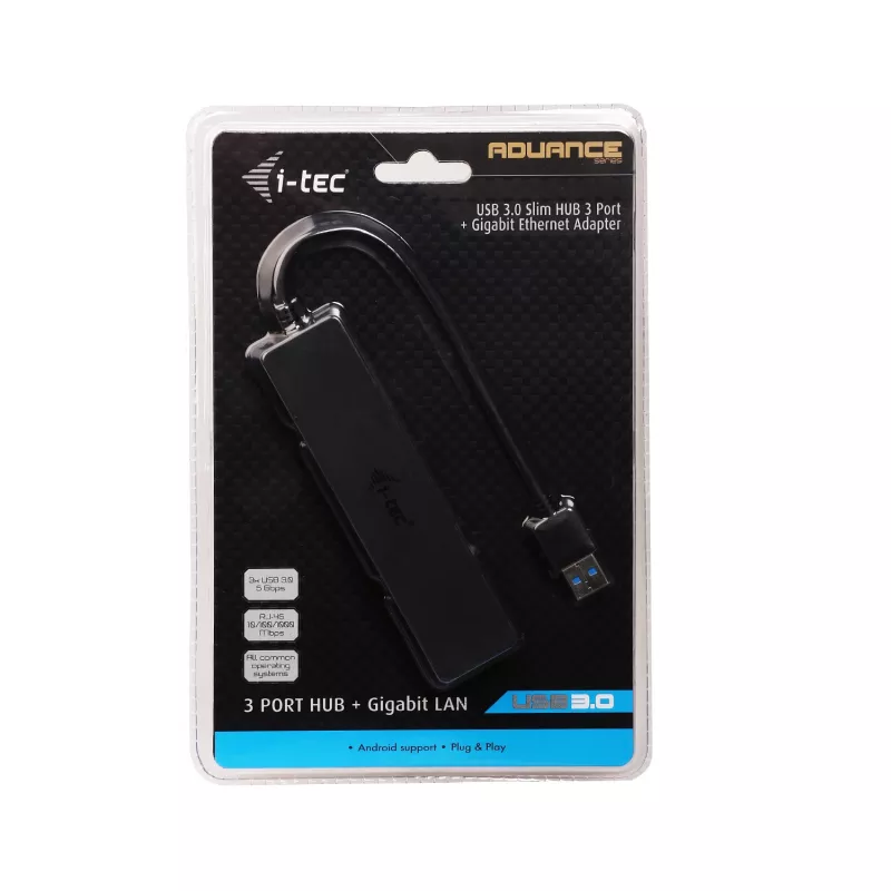 Hub USB 3.0 fino i-tec Advance 3 portas adaptador Gigabit Ethernet preto