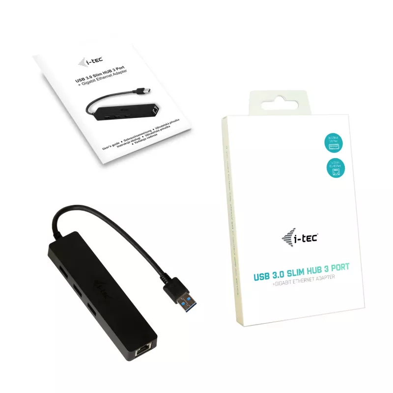 Hub USB 3.0 fino i-tec Advance 3 portas adaptador Gigabit Ethernet preto