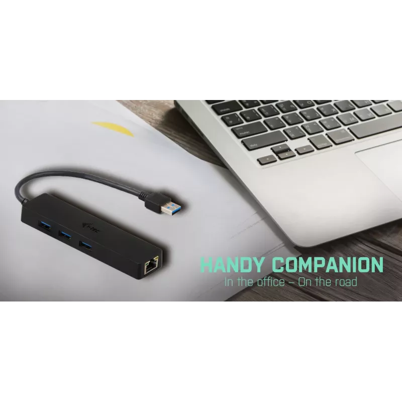 Hub USB 3.0 fino i-tec Advance 3 portas adaptador Gigabit Ethernet preto