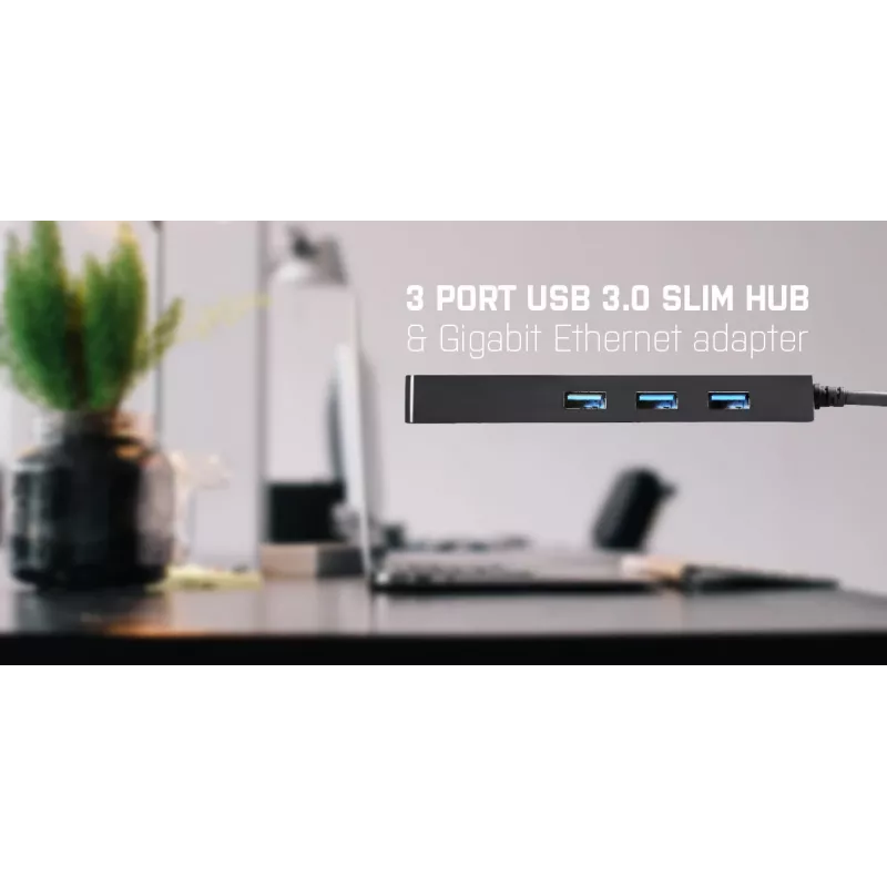 Hub USB 3.0 fino i-tec Advance 3 portas adaptador Gigabit Ethernet preto