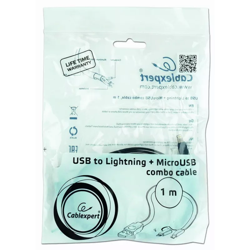 Cabo combinado de carregamento GEMBIRD USB para Apple Lightning e Micro-USB 1m - preto