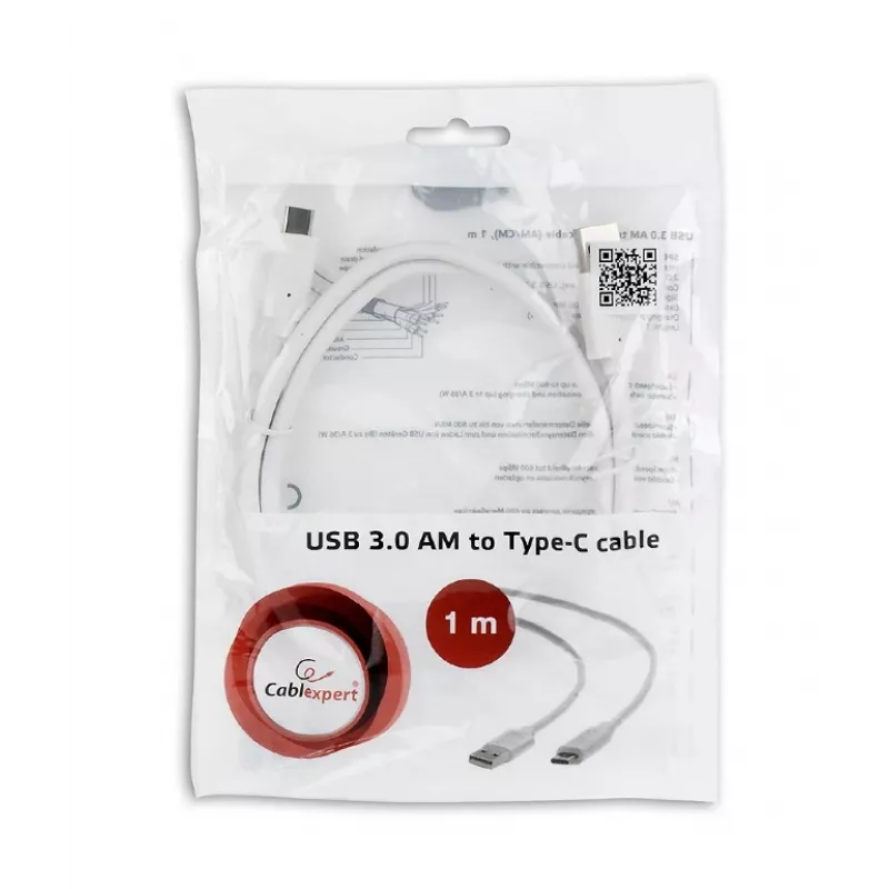 Cabo GEMBIRD USB 3.0 AM para Type-C (AM/CM) 1 m - branco