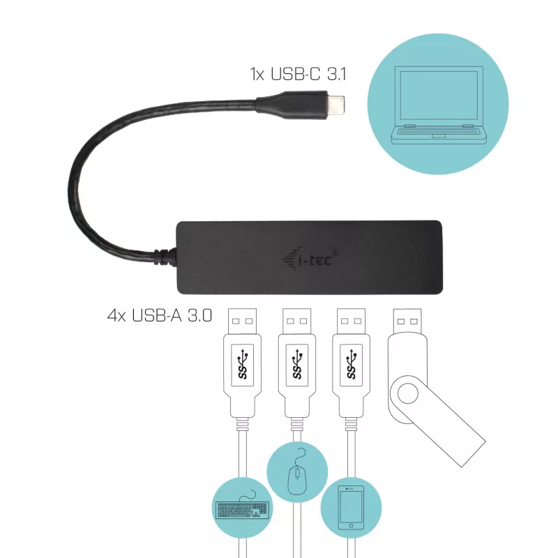Hub passivo USB-C slim i-tec Advance 4 portas