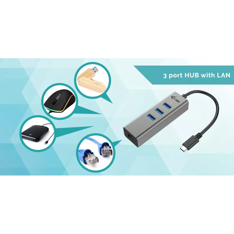 i-tec Metal USB-C HUB 3 portas + adaptador Gigabit Ethernet