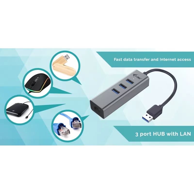 i-tec Metal USB 3.0 HUB 3 portas + adaptador Gigabit Ethernet