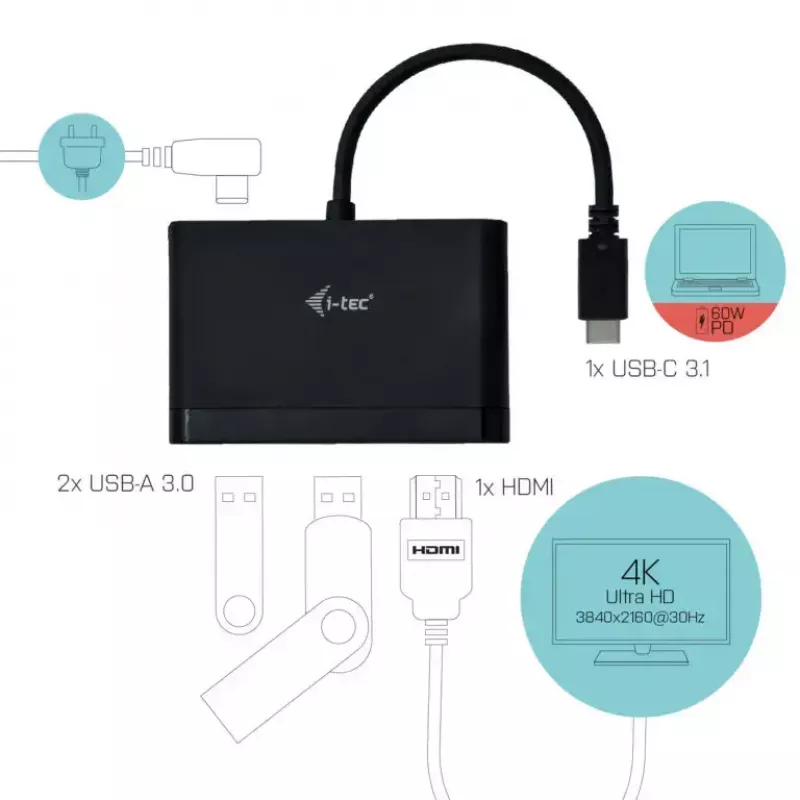 Adaptador de viagem USB-C para HDMI ITEC i-tec USB C adaptador de viagem HDMI PD/dados – preto, chipset RTS5403/RTS5404/RTS5411/PS176, 90×58×14 mm