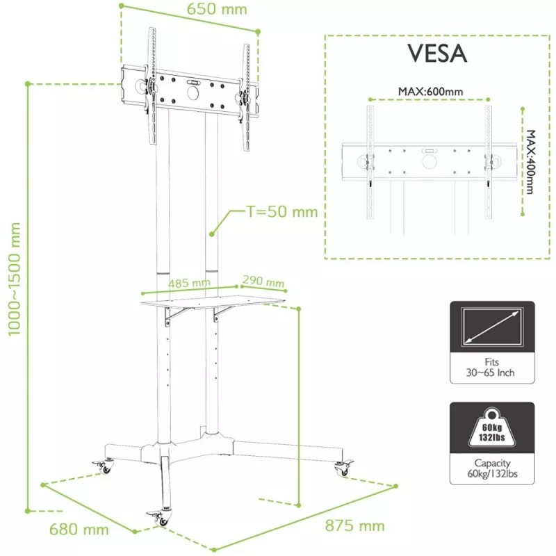 Suporte móvel de chão com prateleira Techly para LCD/LED/Plasma 30-65 polegadas ICA-TR6