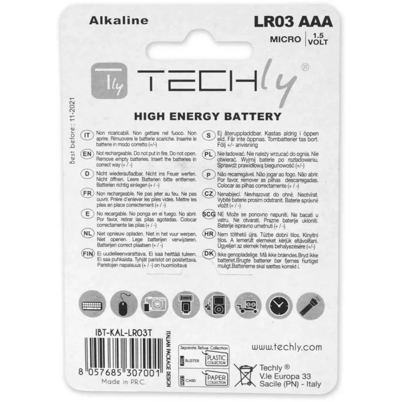 Blister Techly 4 pilhas High Power Mini Stilo AAA alcalinas LR03 1,5V IBT-KAL-LR03T