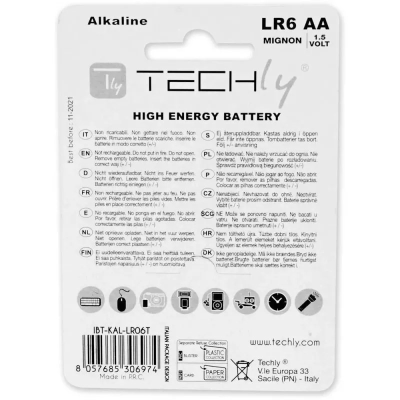 Blister Techly 4 pilhas alcalinas AA High Power Stilo LR06 1,5V IBT-KAL-LR06T