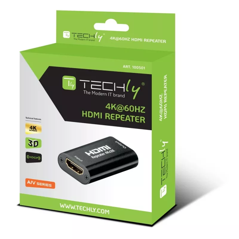Repetidor AV TECHLY IDATA-HDMI2-RIP4KT — HDMI 2.0, HDCP 2.2, 4096×2160, distância máxima 40 m, preto