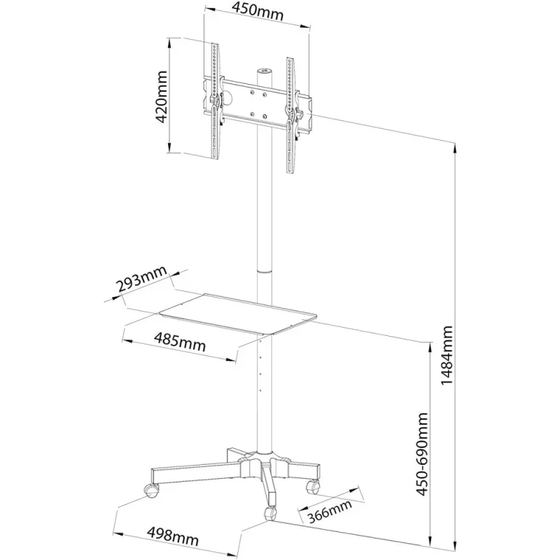 Suporte de chão com rodas Techly para LCD/LED/Plasma 23 polegadas-55 polegadas, 58,4 cm (23 polegadas), 139,7 cm (55 polegadas), 50 x 50 mm, 400 x 400 mm, -15 - 15°, preto