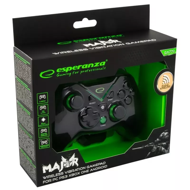 Comando de jogos sem fios ESPERANZA EGG112K 2,4 GHz para PC e PS3, recetor USB, preto, 12 botões, sticks analógicos