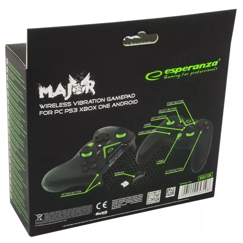 Comando de jogos sem fios ESPERANZA EGG112K 2,4 GHz para PC e PS3, recetor USB, preto, 12 botões, sticks analógicos