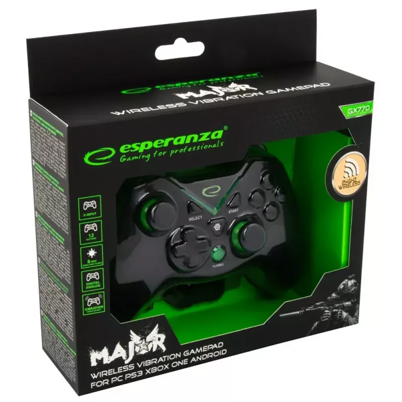 Comando de jogos sem fios ESPERANZA EGG112K 2,4 GHz para PC e PS3, recetor USB, preto, 12 botões, sticks analógicos