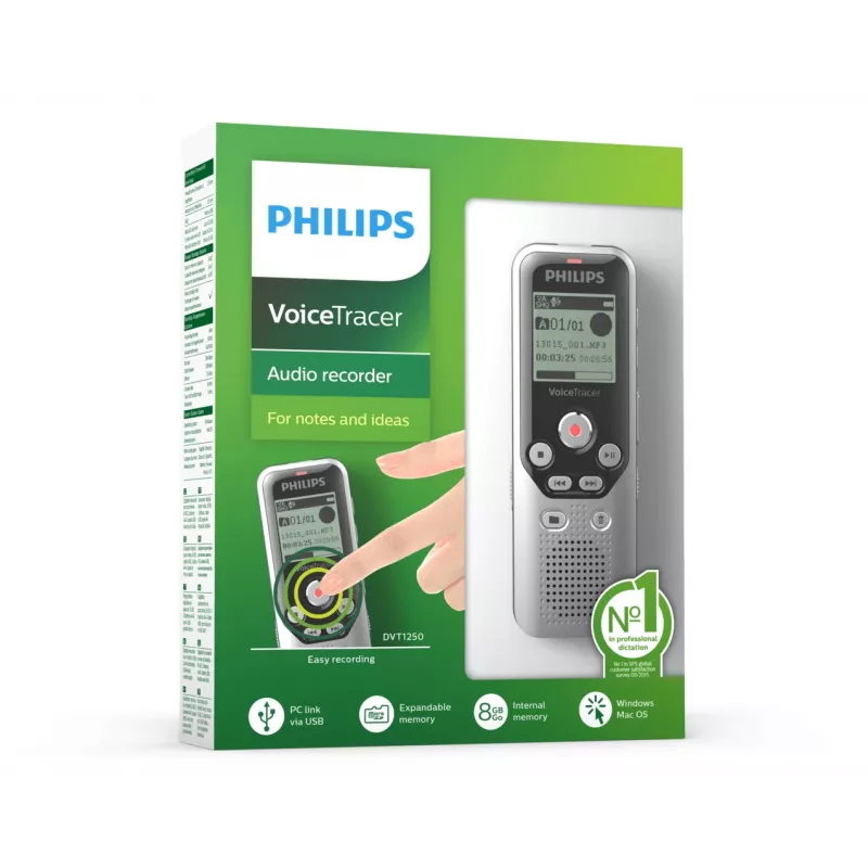 Gravador de voz Philips DVT1250 memória interna e cartão flash preto, cinzento