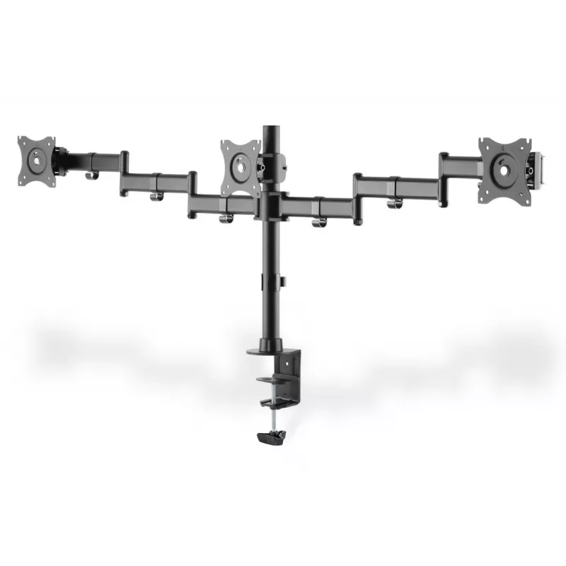 Suporte de fixação à secretária DIGITUS para três monitores, preto, rotação de 90 graus, inclinação de 45 graus, rotação de 360 graus, TFT de 15-27 polegadas, carga máx. 3x8 kg, VESA máx. 100x100