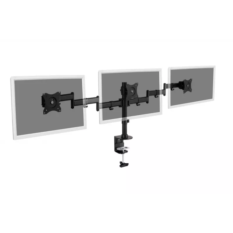 Suporte de fixação à secretária DIGITUS para três monitores, preto, rotação de 90 graus, inclinação de 45 graus, rotação de 360 graus, TFT de 15-27 polegadas, carga máx. 3x8 kg, VESA máx. 100x100