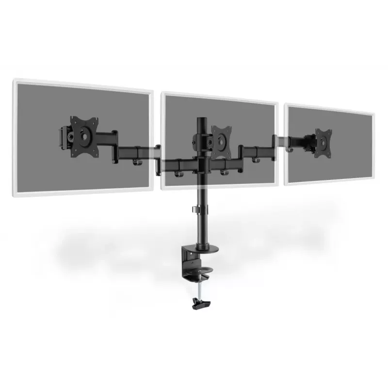 Suporte de fixação à secretária DIGITUS para três monitores, preto, rotação de 90 graus, inclinação de 45 graus, rotação de 360 graus, TFT de 15-27 polegadas, carga máx. 3x8 kg, VESA máx. 100x100