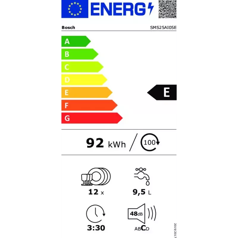 Máquina de lavar loiça independente Bosch SMS25AI05E — totalmente integrável 60 cm, 12 conjuntos, 48 dB, classe energética E