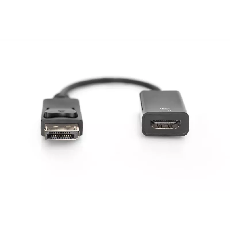 Cabo adaptador DisplayPort DIGITUS ASSMANN, DP - HDMI tipo A M/F, 20 cm com bloqueio, HDMI Ver. 2.0, ativo, CE, dourado, preto