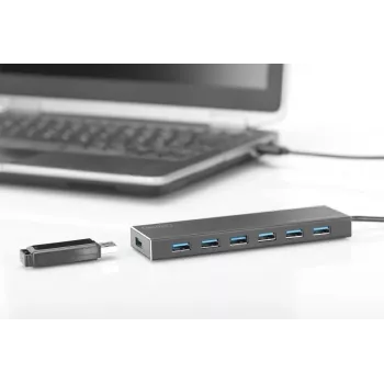 Hub USB 3.0 DIGITUS, 7 portas incl. fonte de alimentação 5V/3,5A, caixa de alumínio
