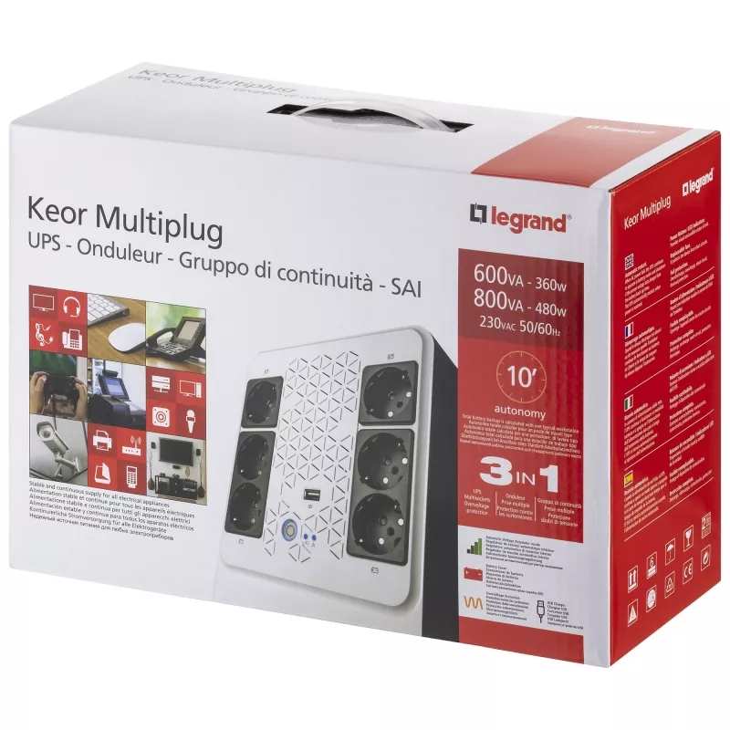 Legrand Keor Multiplug 800 AVR 310084 UPS line-interactive, 800 VA / 480 W, 6 tomadas FR (4+2), USB, RJ-45