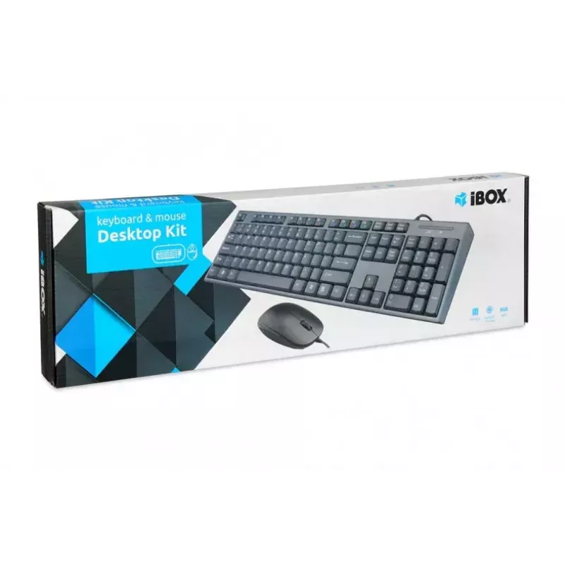 Conjunto de teclado e rato com fios IBOX IKMS606 — teclado QWERTY tamanho completo inglês do Reino Unido, USB, preto, rato 800 DPI